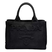 Prada Canapa Black Canvas Embossed Lettering Logo Fabric Tote Handbag