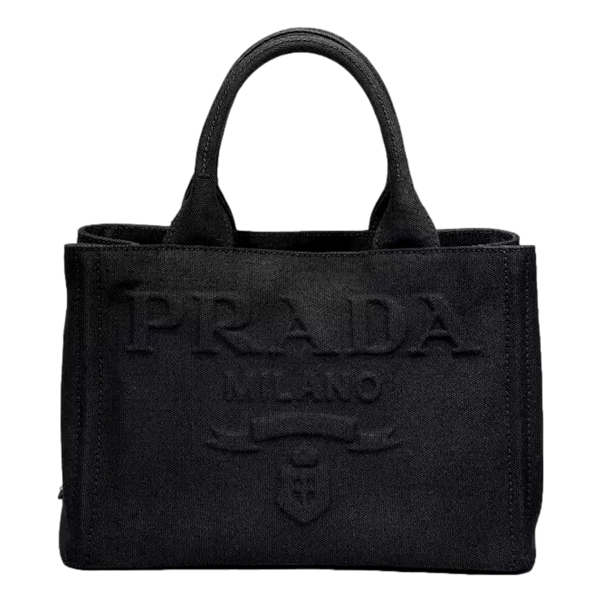 Prada Canapa Black Canvas Embossed Lettering Logo Fabric Tote Handbag
