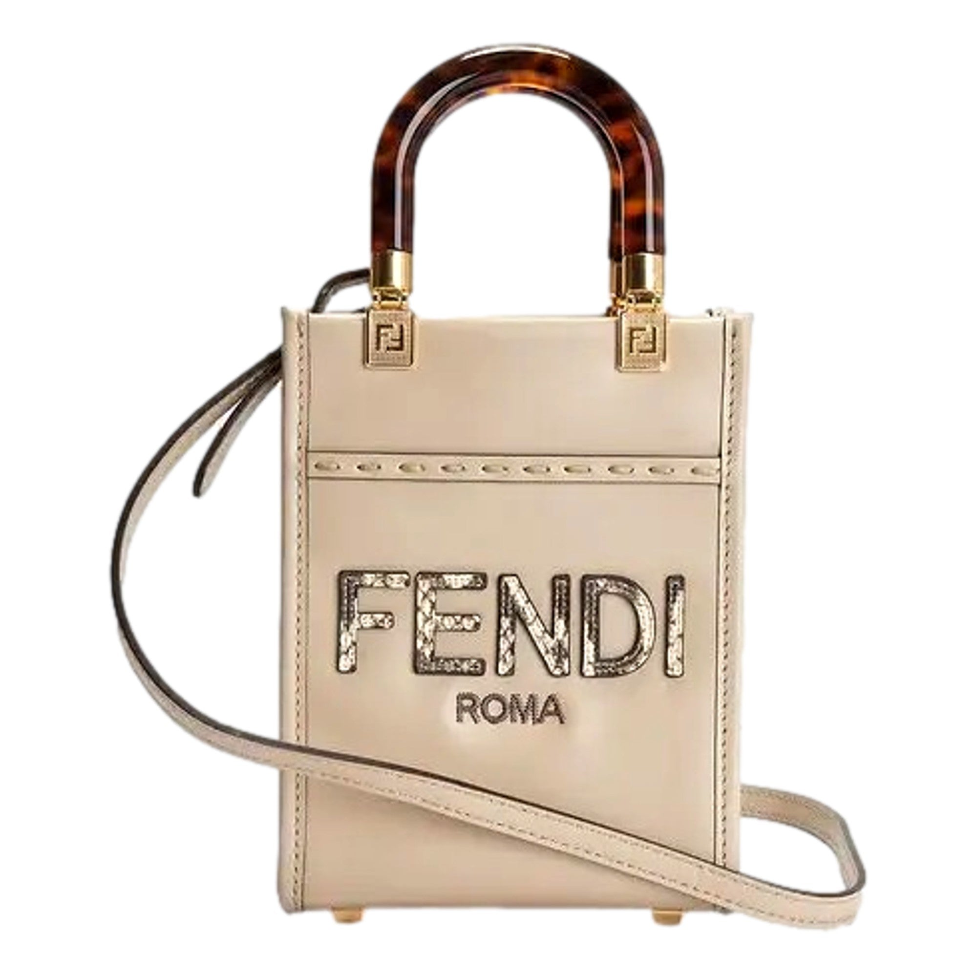 Fendi Nude Calfskin Snake Print Mini Sunshine Shopper Tote Crossbody Bag