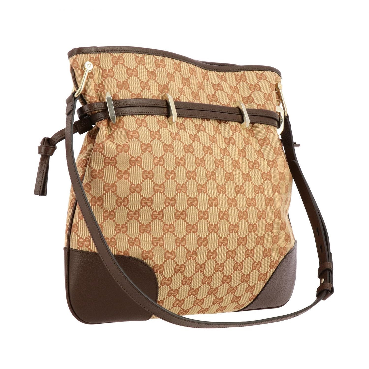 Gucci 1955 Horsebit Beige Canvas Drawstring Crossbody Bag