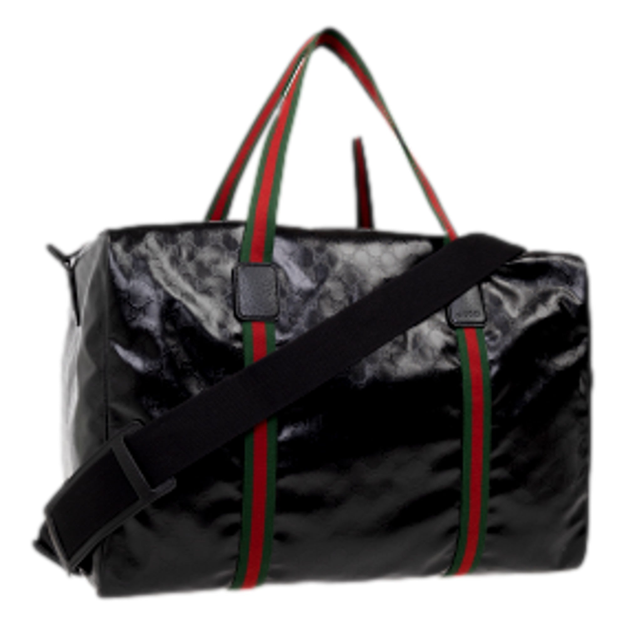 Gucci GG Black Glossy Duffle Maxi Calfskin Leather Trim Duffel Bag