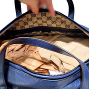 Gucci GG Logo Deep Blue Buffalo Leather Duffle Tote with Strap