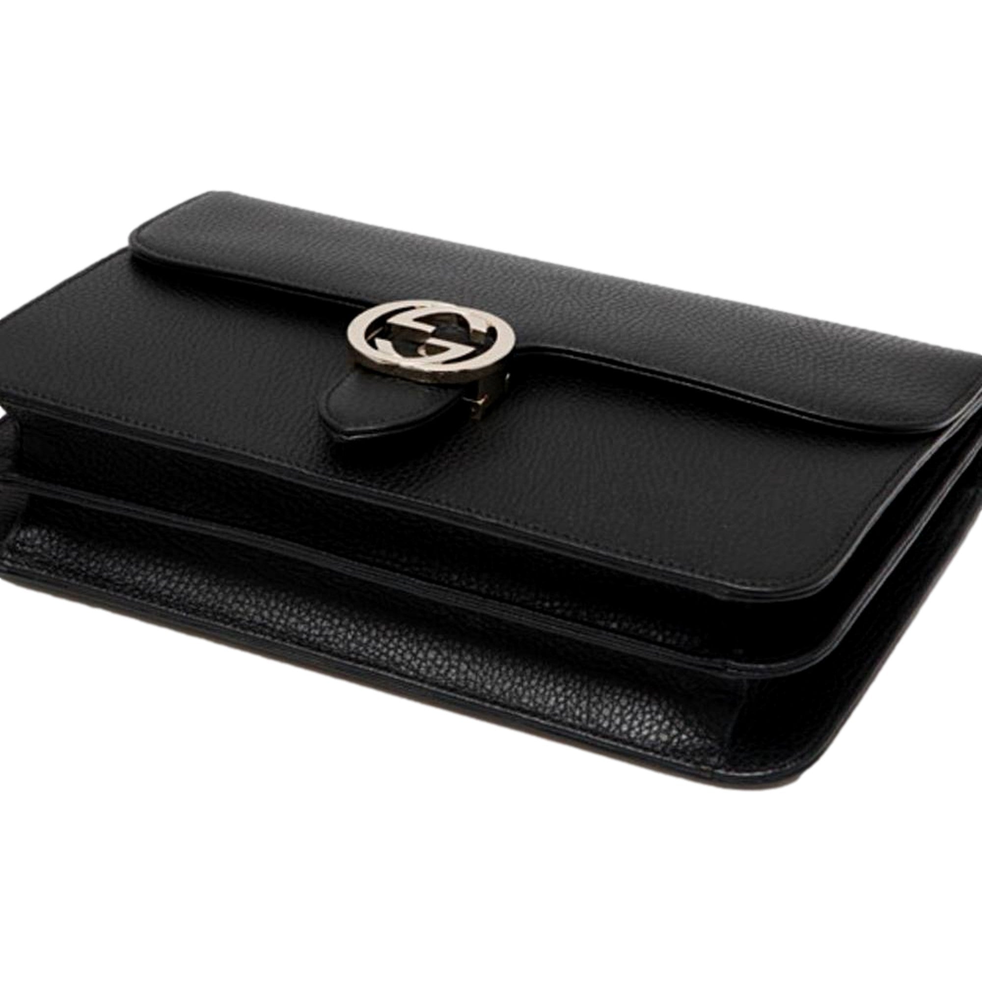 Gucci Marmont Black Leather Interlocking GG Gold Chain Strap Crossbody Handbag