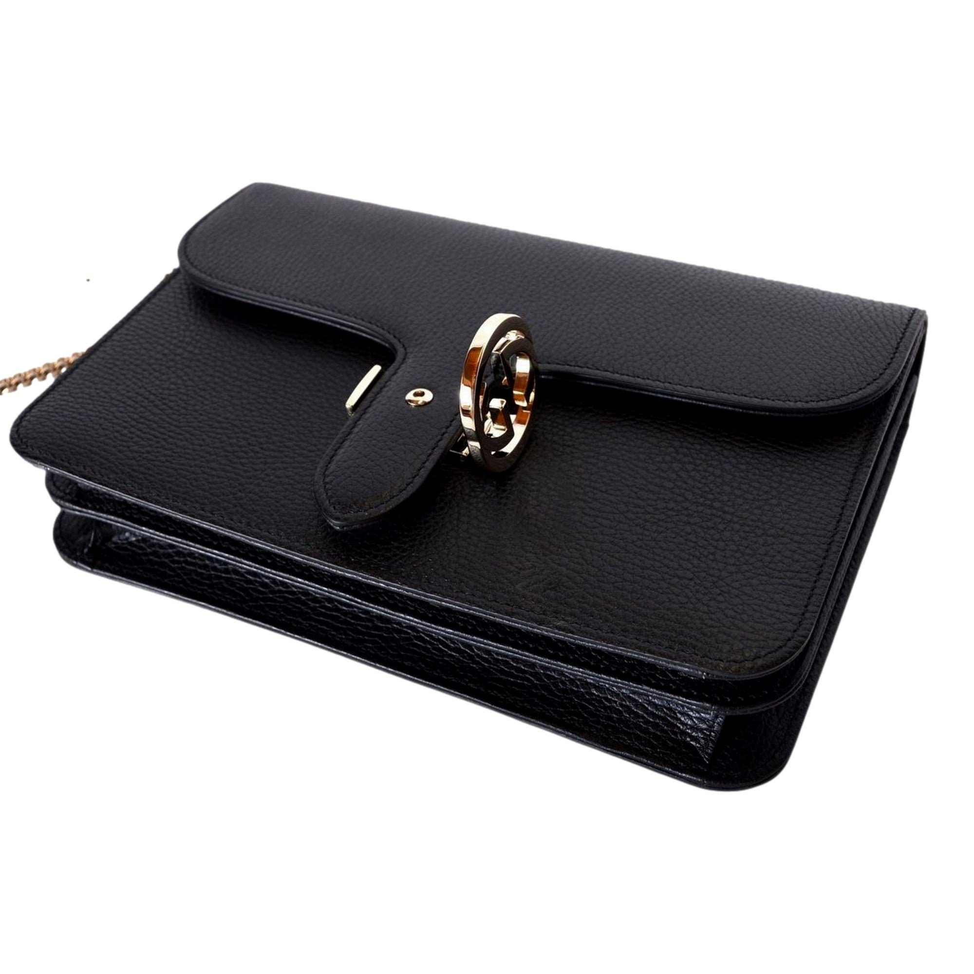 Gucci Marmont Black Leather Interlocking GG Gold Chain Strap Crossbody Handbag