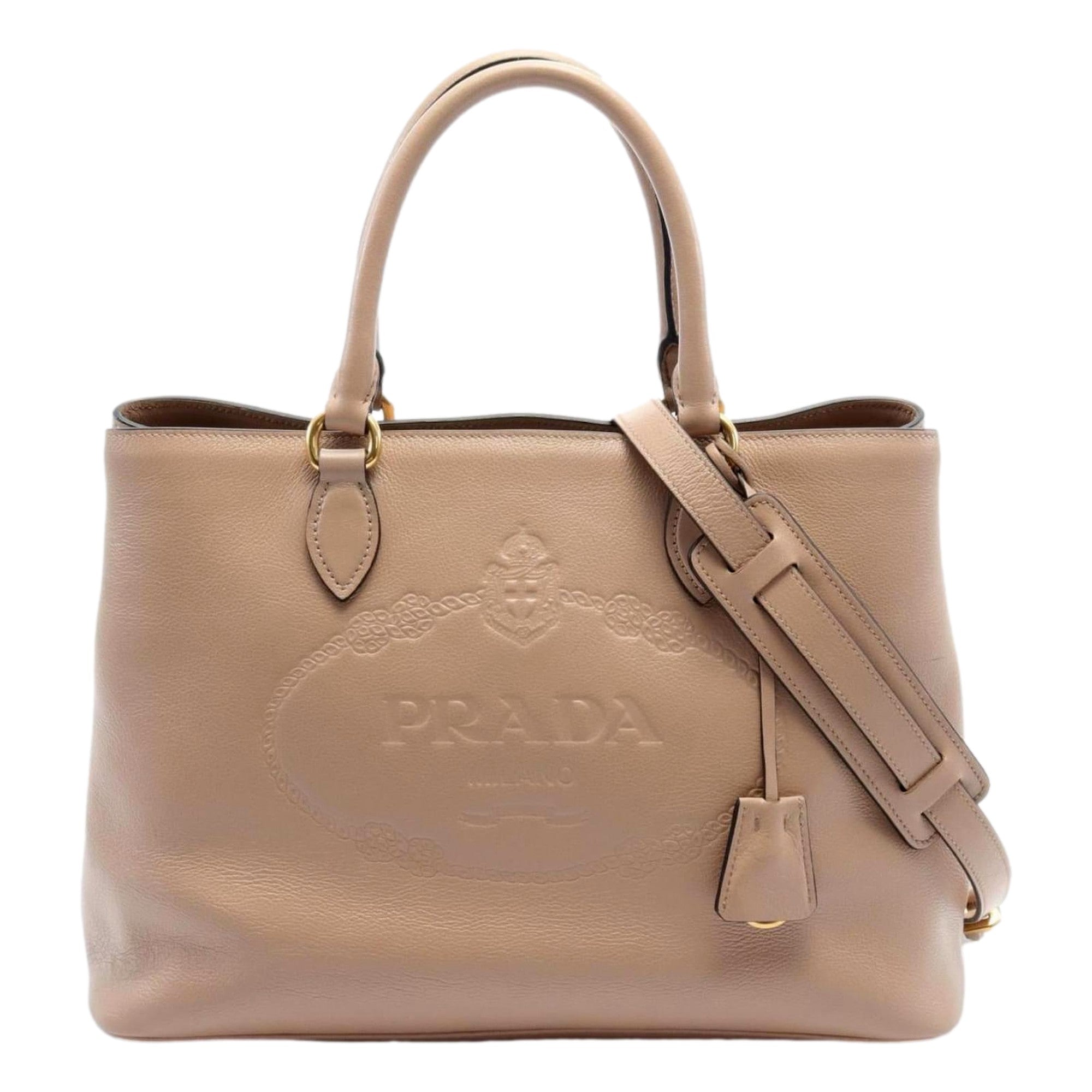 Prada Embossed Logo Cammeo Beige Soft Leather Handbag Shopper Tote Bag