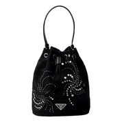 Prada Re-Nylon Black Beaded Embroidered Mini Drawstring Bucket Bag
