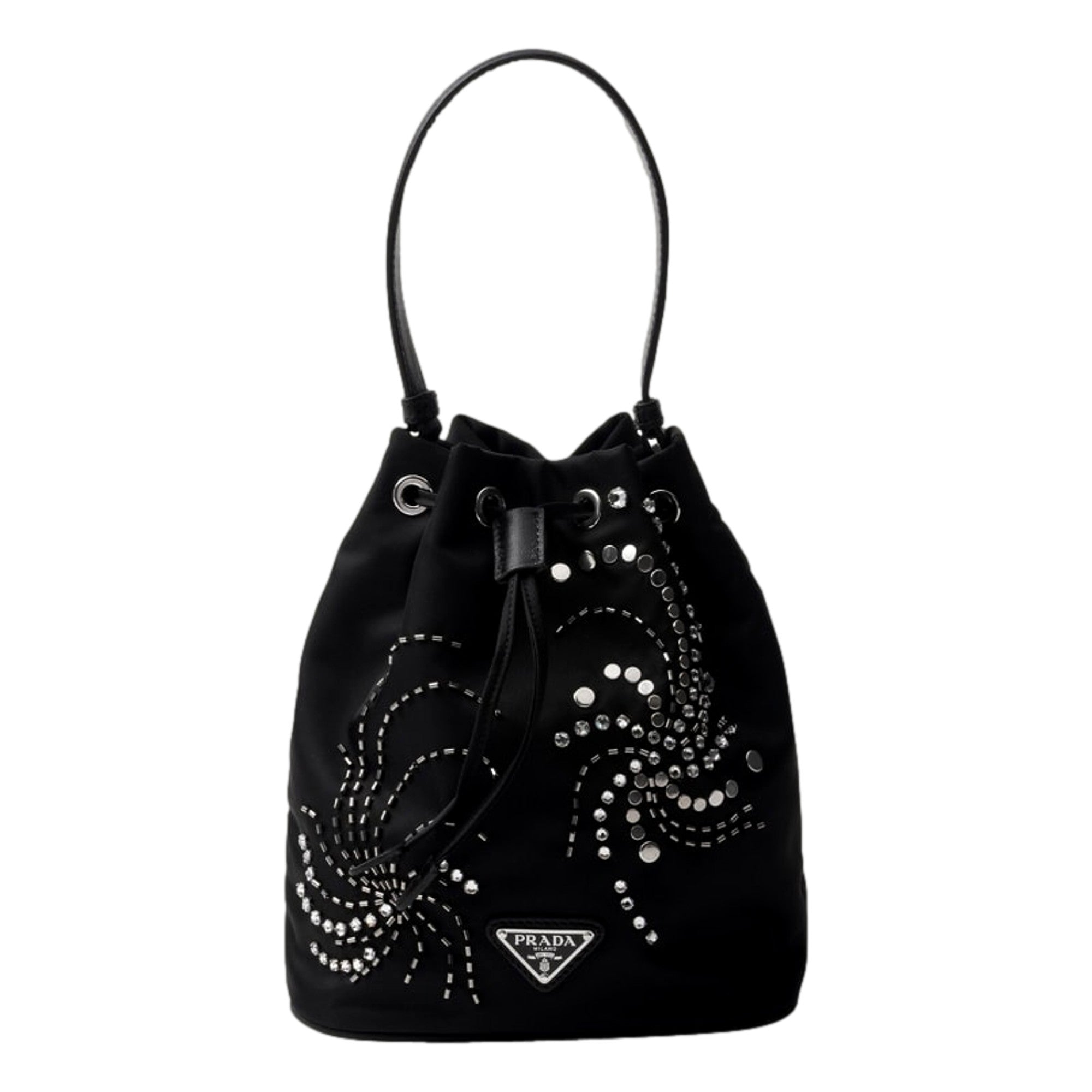 Prada Re-Nylon Black Beaded Embroidered Mini Drawstring Bucket Bag