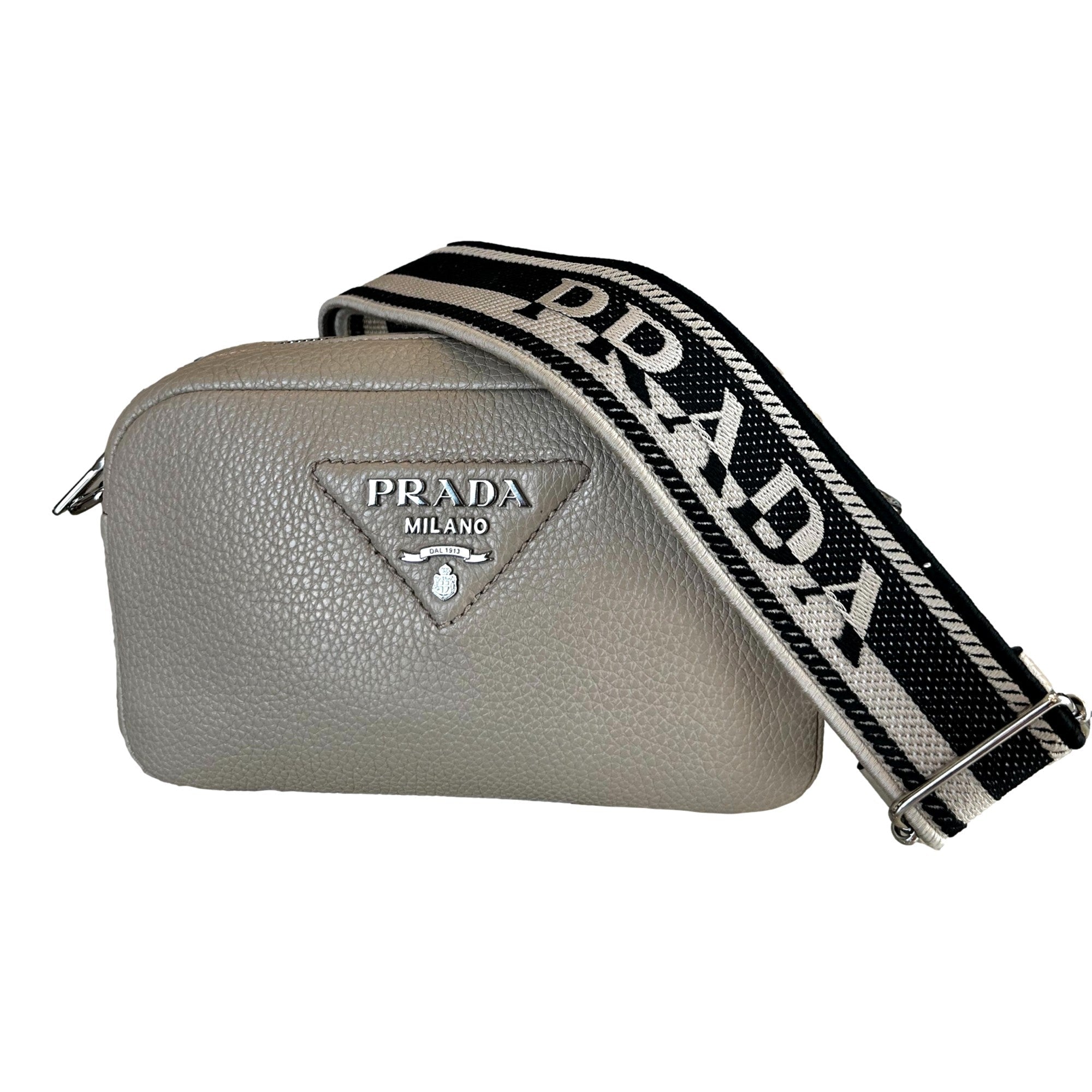 Prada Vitello Daino Leather Sabbia Beige Web Strap Camera Crossbody Bag