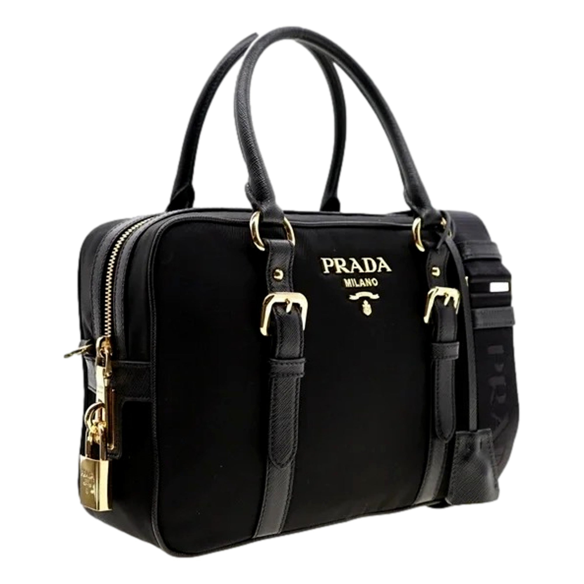 Prada Bauletto Tessuto Nylon Saffiano Black Satchel Handbag