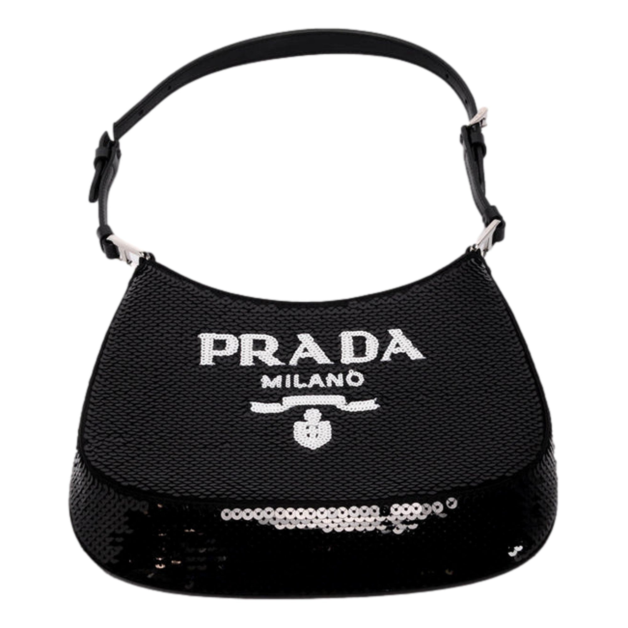 Prada Cleo Black and White Sequin Milano Logo Mini Leather Shoulder Bag