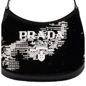 Prada Cleo Black and White Sequin Milano Logo Mini Leather Shoulder Bag