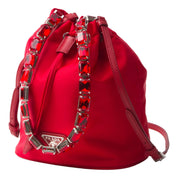 Prada Re-Nylon Rosso Red Embellished Crystal Handle Drawstring Bucket Bag