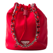Prada Re-Nylon Rosso Red Embellished Crystal Handle Drawstring Bucket Bag