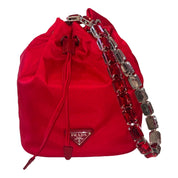 Prada Re-Nylon Rosso Red Embellished Crystal Handle Drawstring Bucket Bag