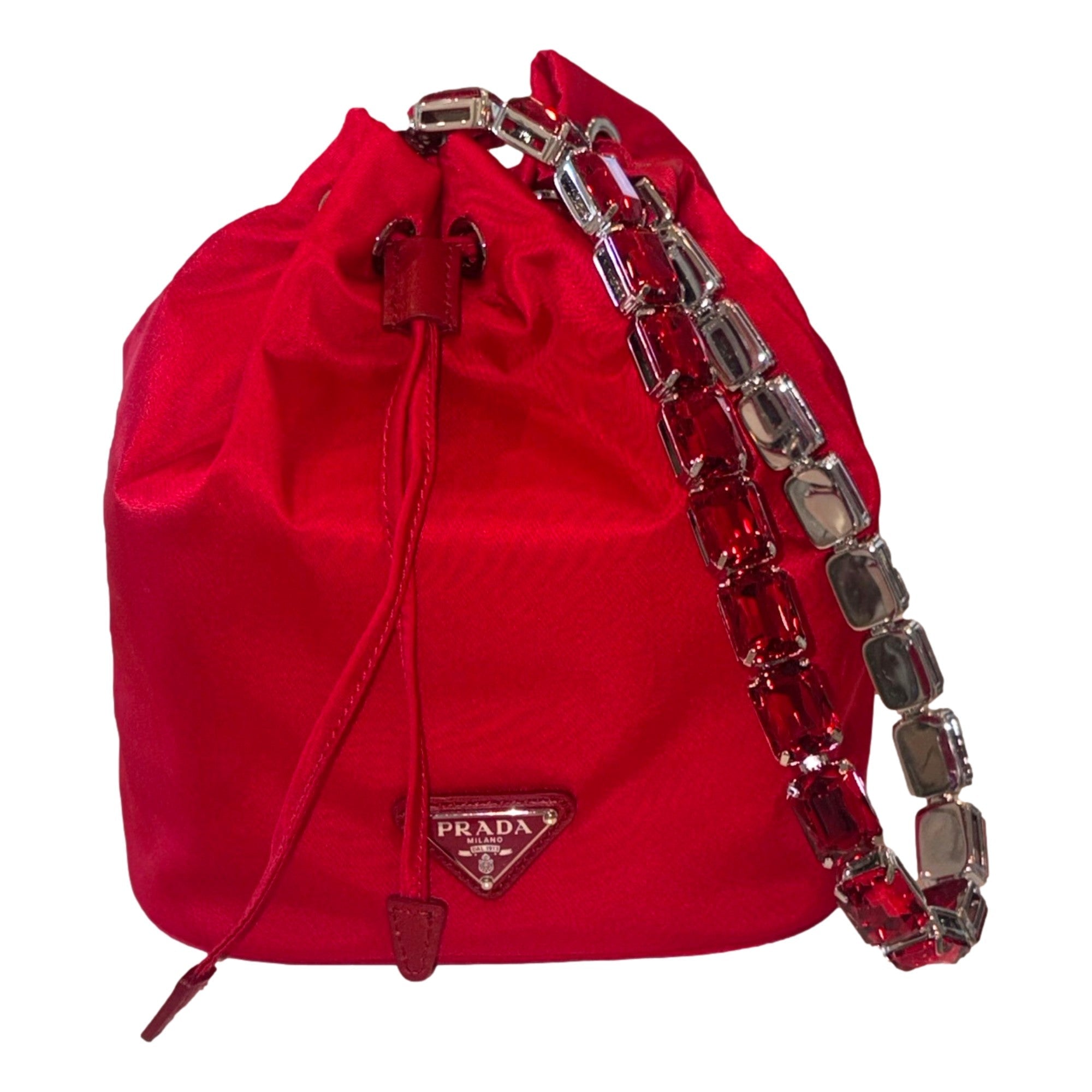 Prada Re-Nylon Rosso Red Embellished Crystal Handle Drawstring Bucket Bag