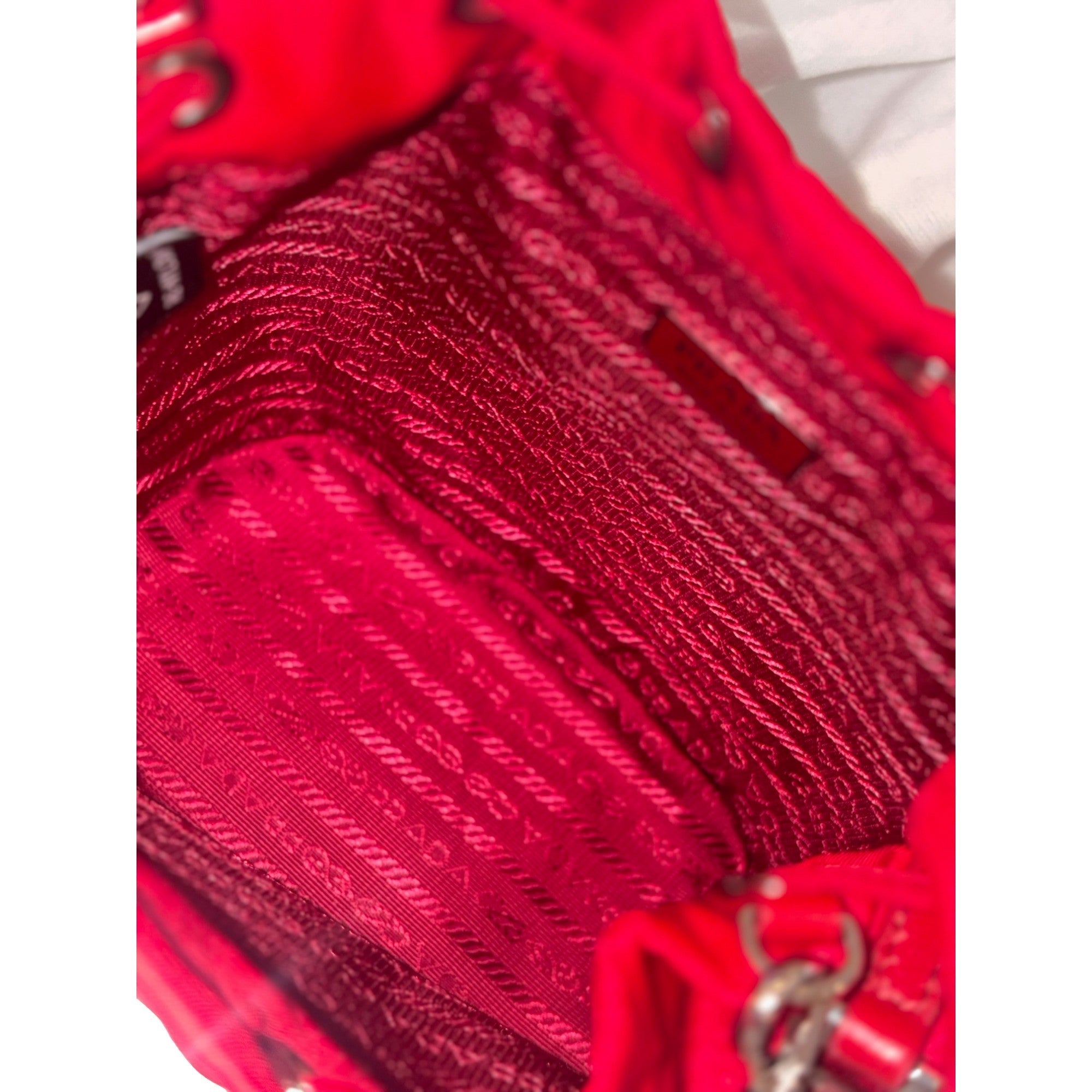 Prada Re-Nylon Rosso Red Embellished Crystal Handle Drawstring Bucket Bag