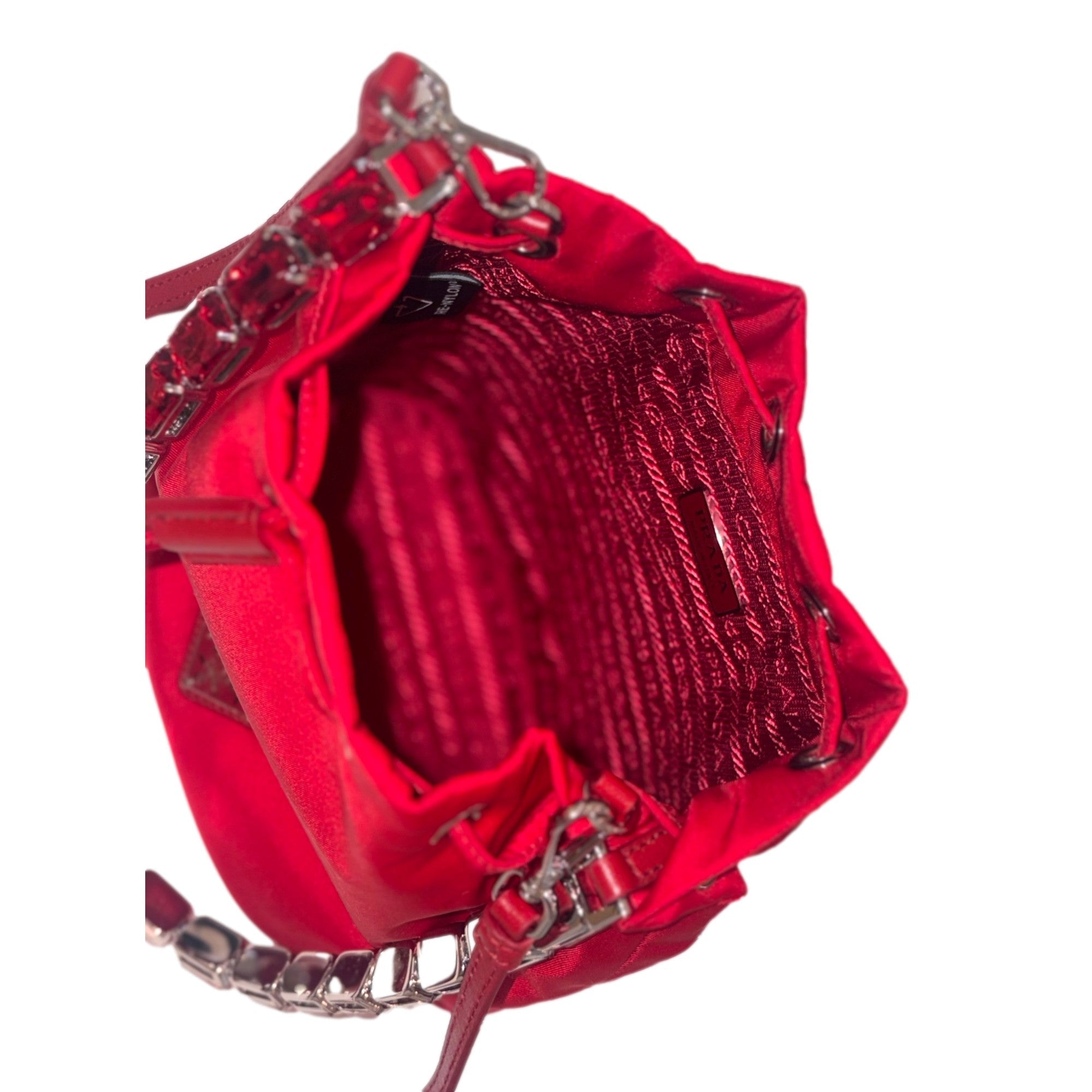Prada Re-Nylon Rosso Red Embellished Crystal Handle Drawstring Bucket Bag