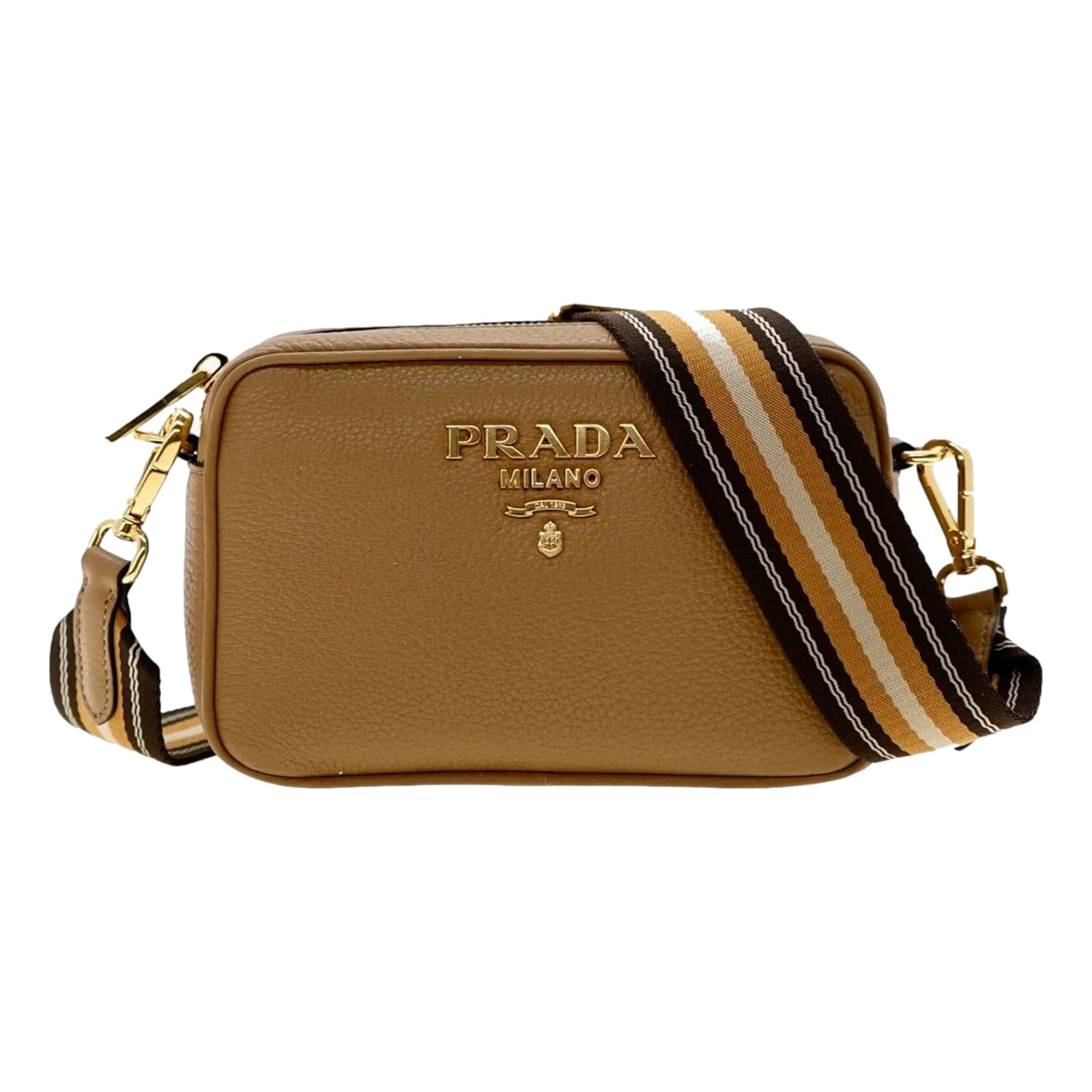 Prada Tan Web Stripe Strap Caramel Leather Crossbody Bag