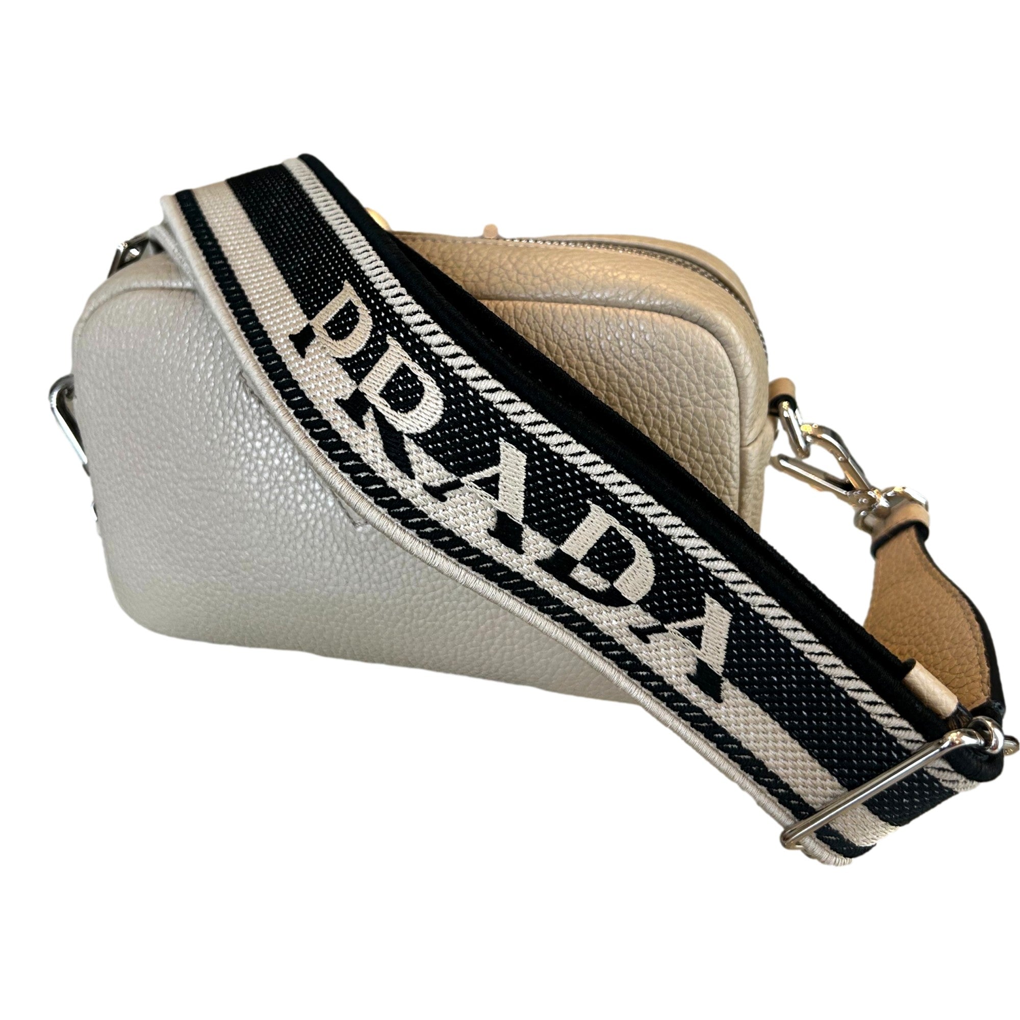 Prada Vitello Daino Leather Sabbia Beige Web Strap Camera Crossbody Bag