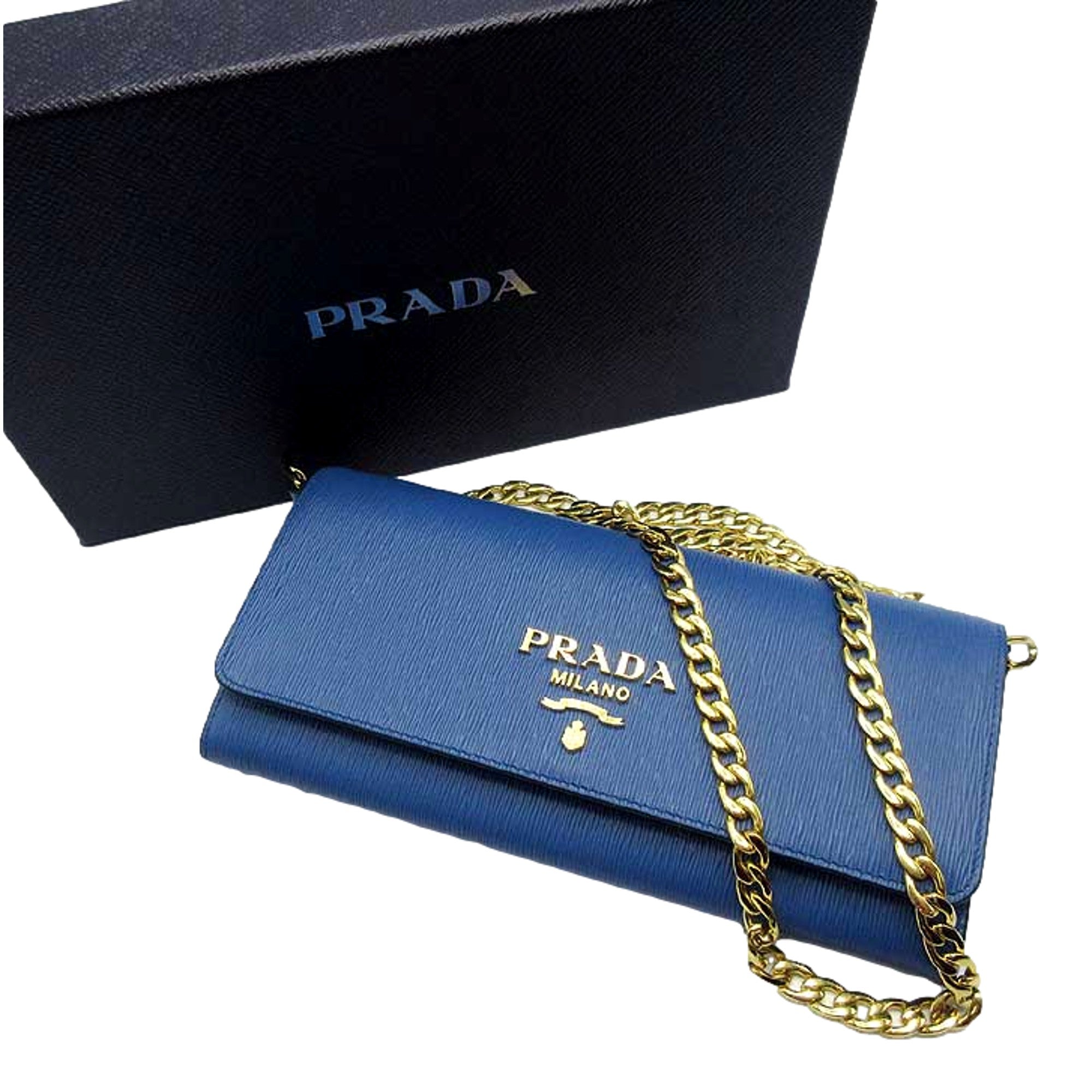 Prada Vitello Move Cobalto Blue Leather Chain Crossbody Wallet Clutch Bag
