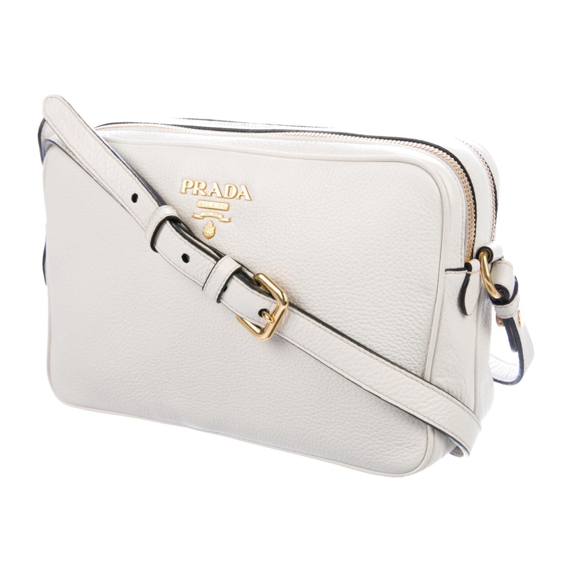 Prada Vitello Phenix White Leather Double Zip Camera Crossbody Bag