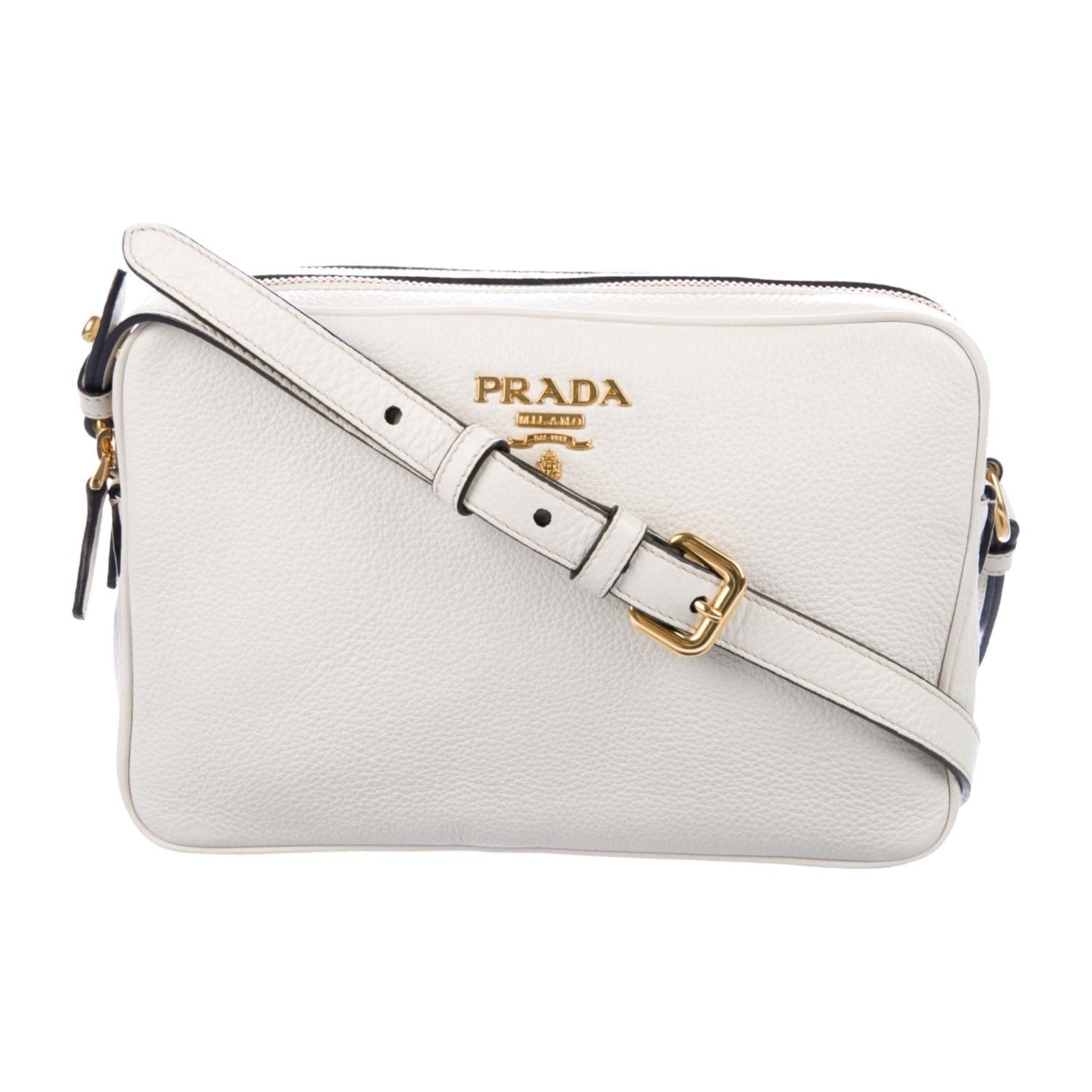 Prada Vitello Phenix White Leather Double Zip Camera Crossbody Bag