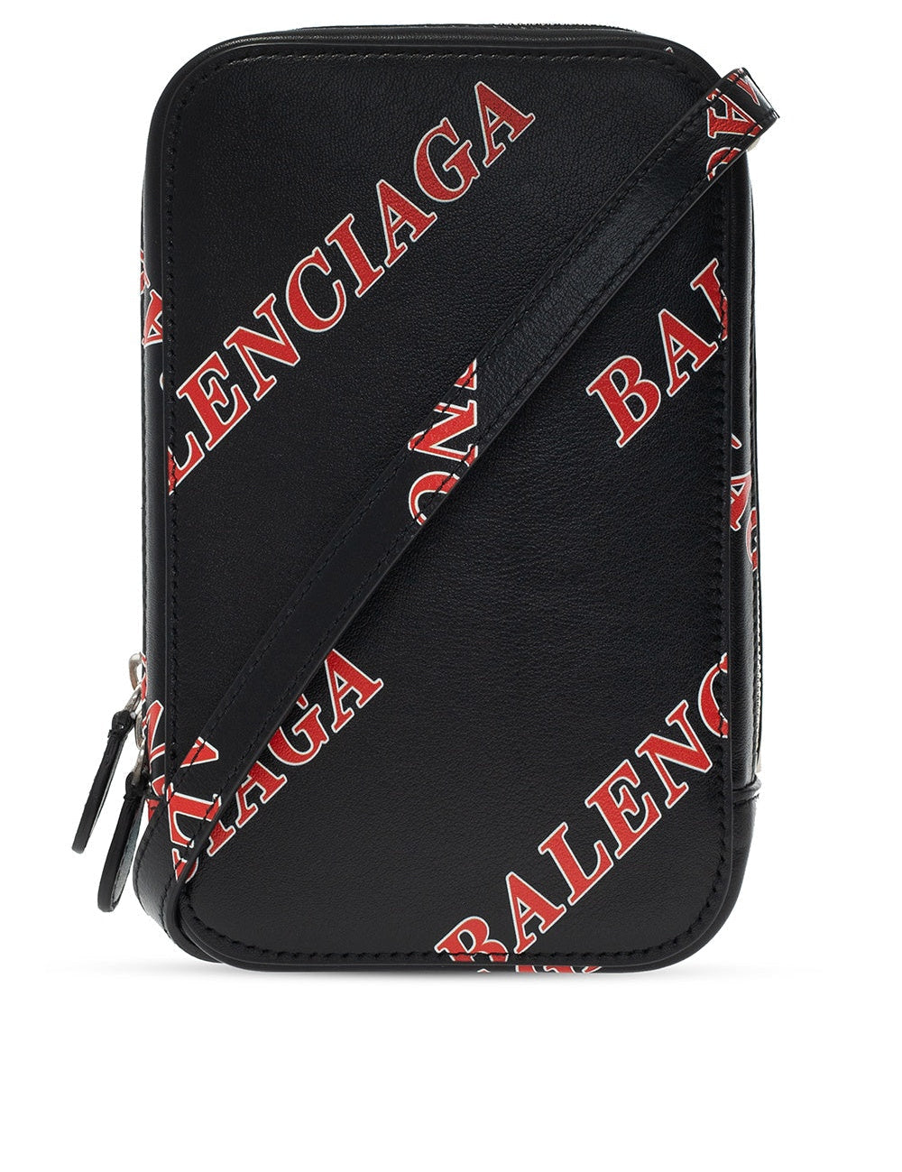 Balenciaga Black Calfskin Leather Sport Print Phone Holder Bag