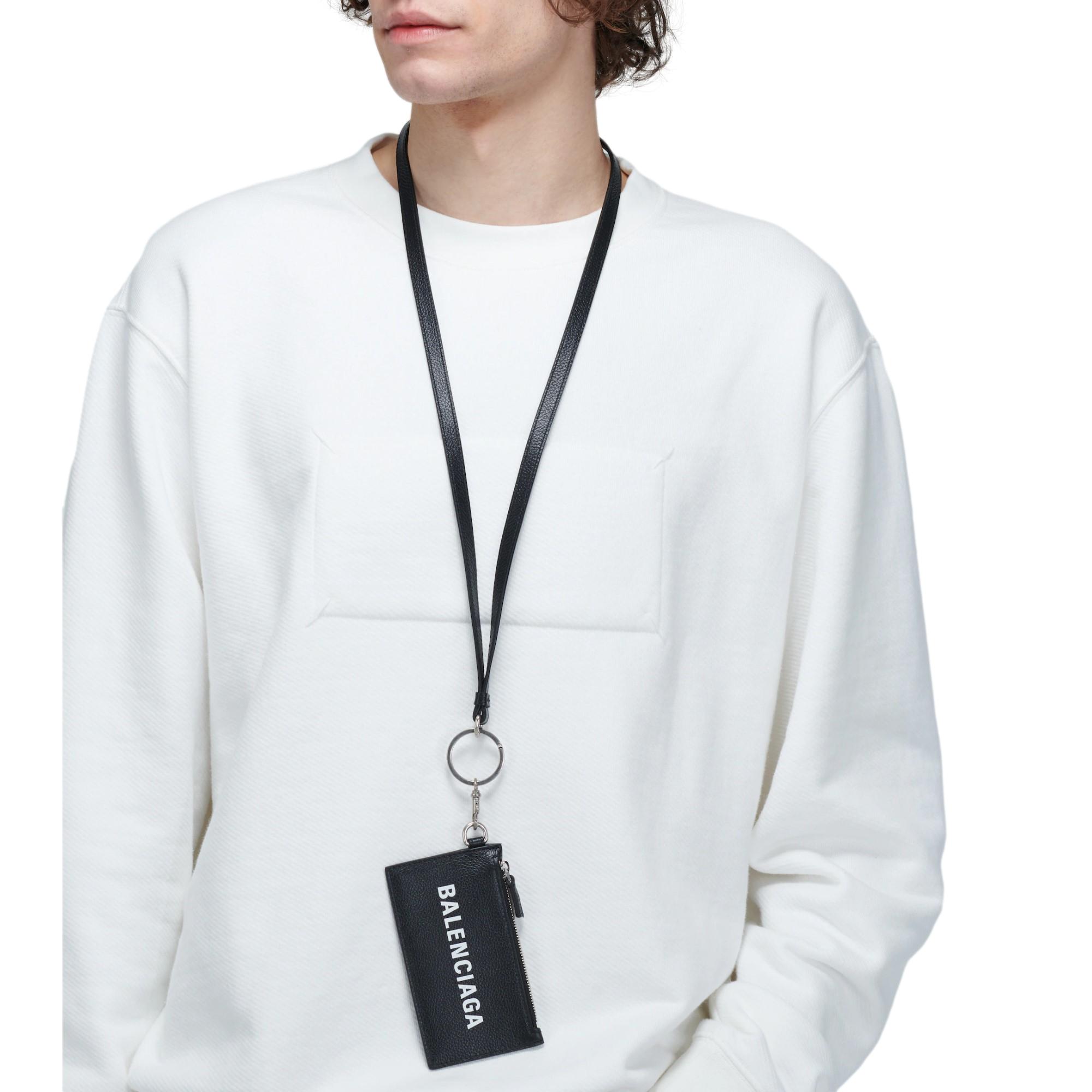 Balenciaga Cash Logo Black Grain Leather Neck Lanyard Card Holder Wallet