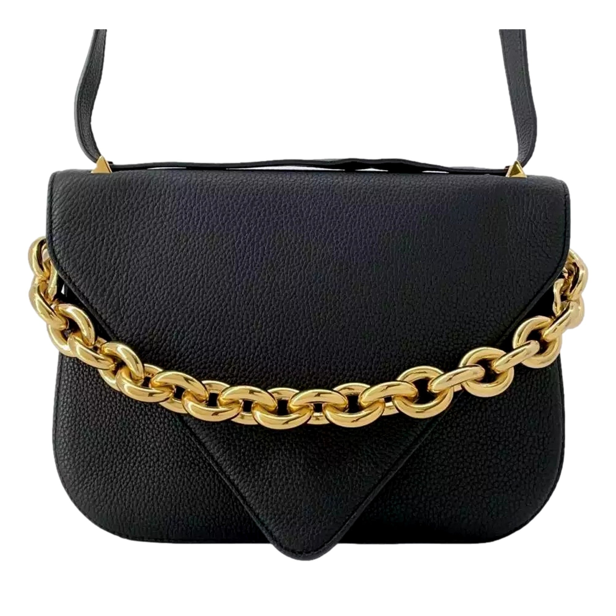 Bottega Veneta Mount Envelope Black and Gold Leather Medium Shoulder Bag