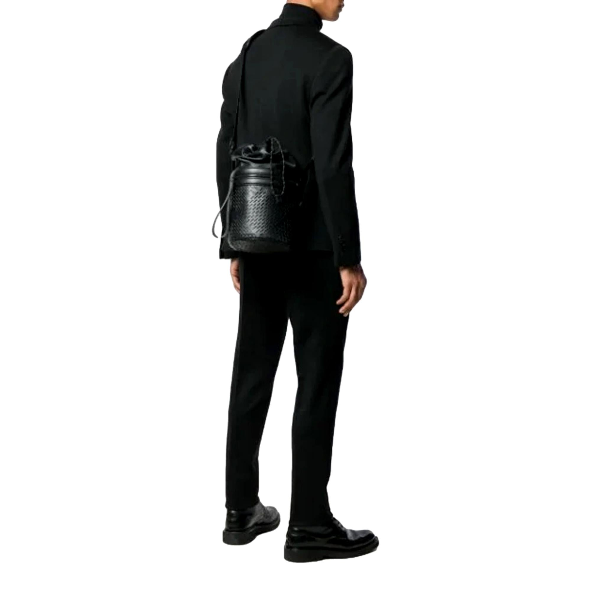 Bottega Veneta Perforated Black Leather Drawstring Crossbody Bucket Bag