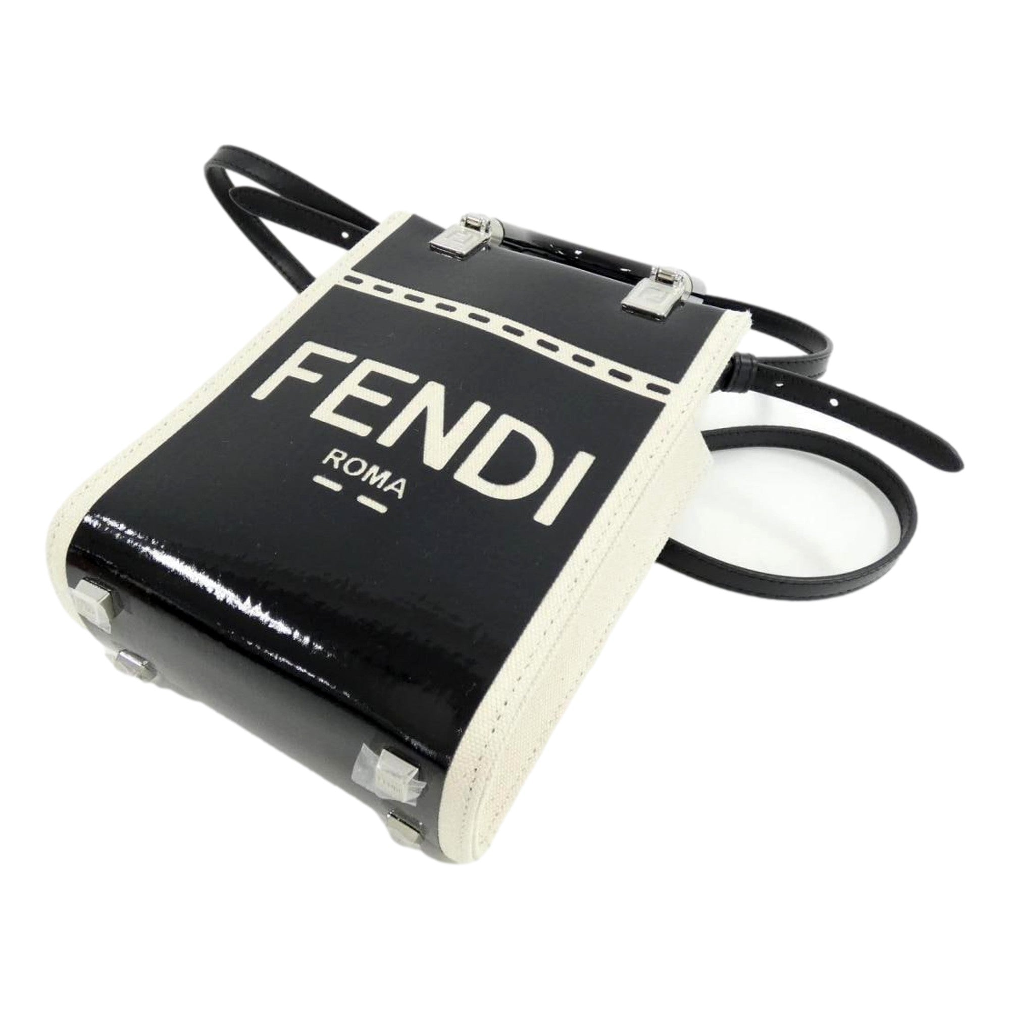 FENDI FF Mini Bag Shopper Black and White Leather and Canvas Tote Crossbody Bag