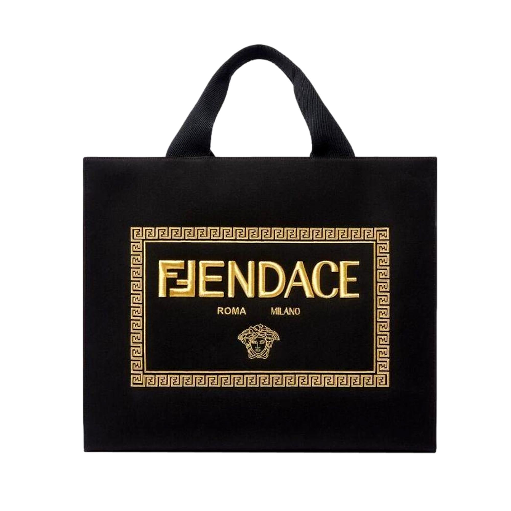 Fendi x Versace Fendace Black Canvas Convertible Large Shopping Tote Bag