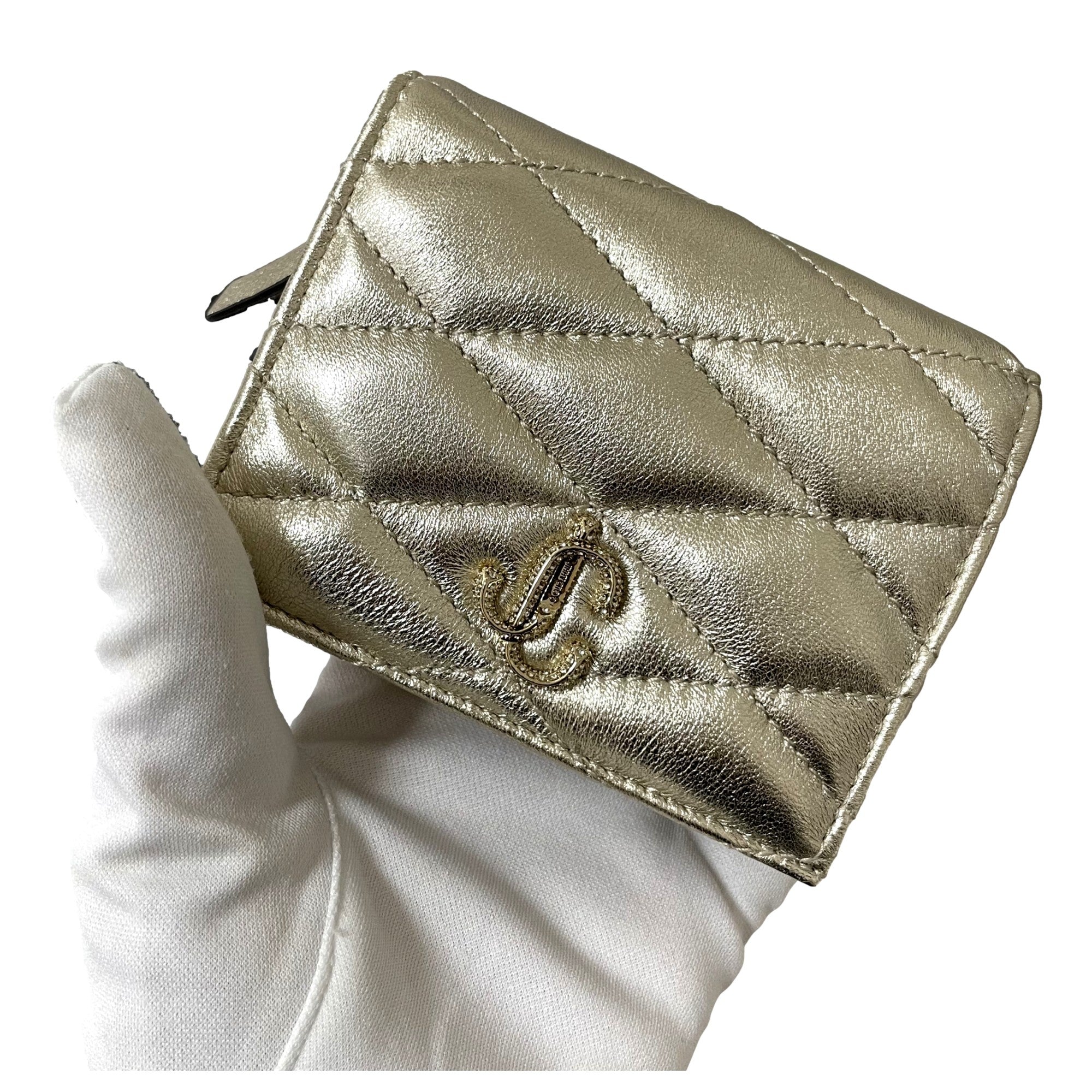 Jimmy Choo Farone Champagne Metallic Leather Card Case Wallet