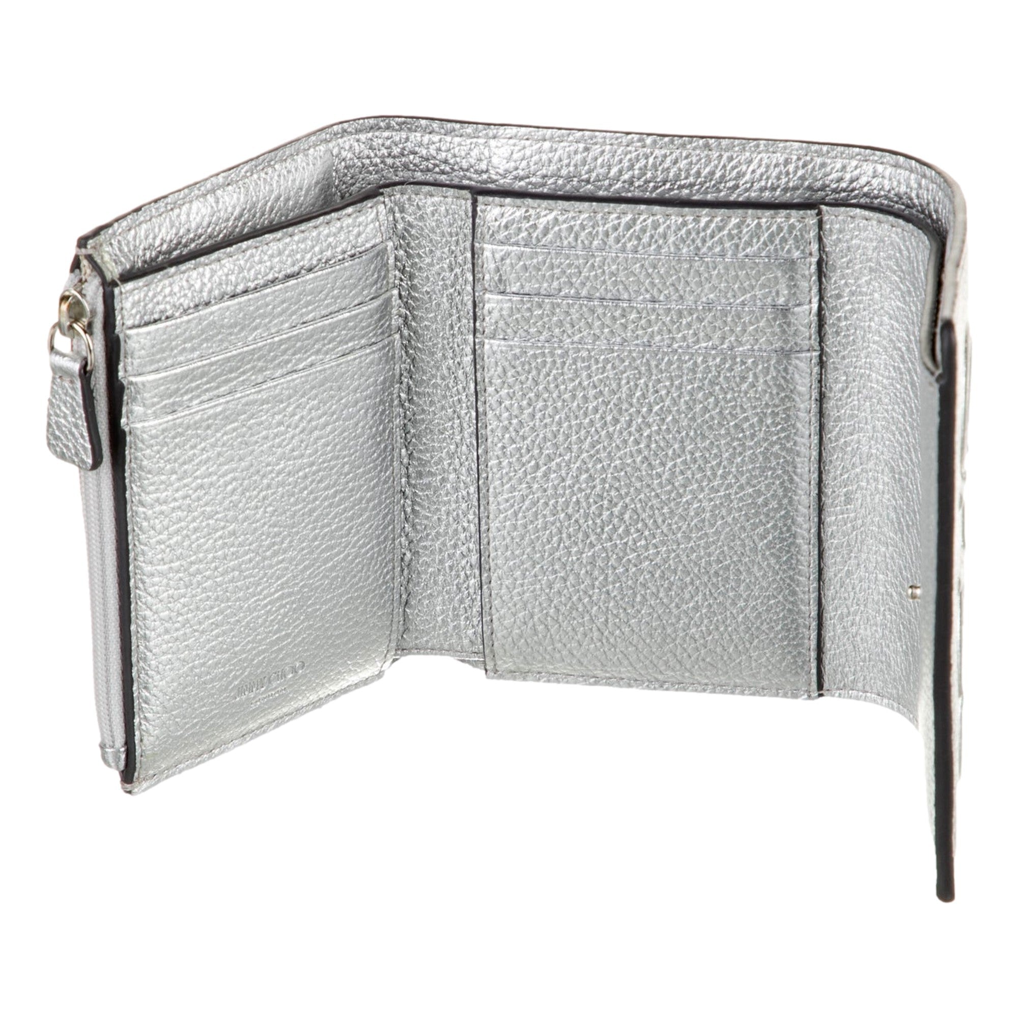 Jimmy Choo Loni Silver Leather Embossed Logo Tri-Fold Card Case Wallet