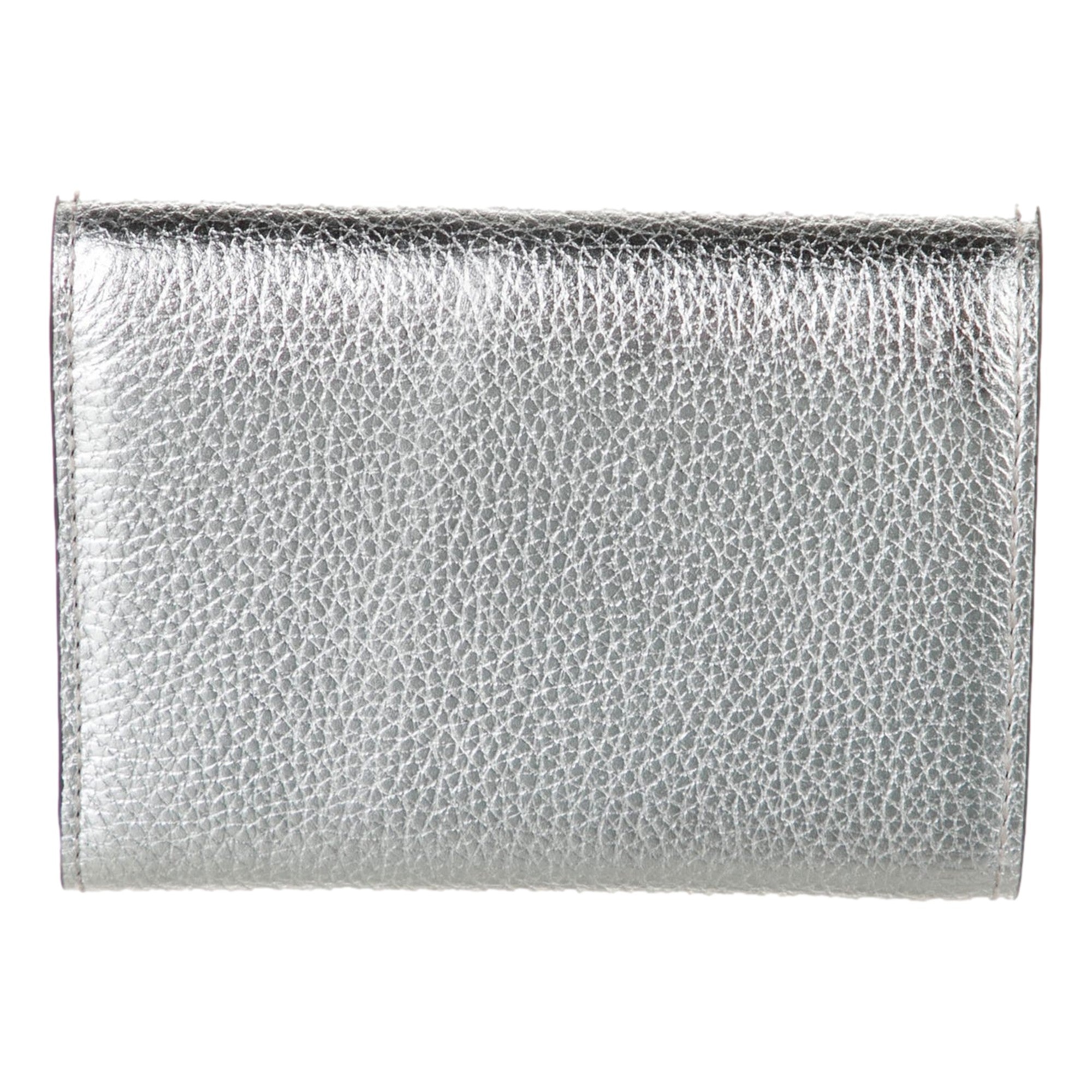 Jimmy Choo Loni Silver Leather Embossed Logo Tri-Fold Card Case Wallet