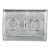 Jimmy Choo Loni Silver Leather Embossed Logo Tri-Fold Card Case Wallet
