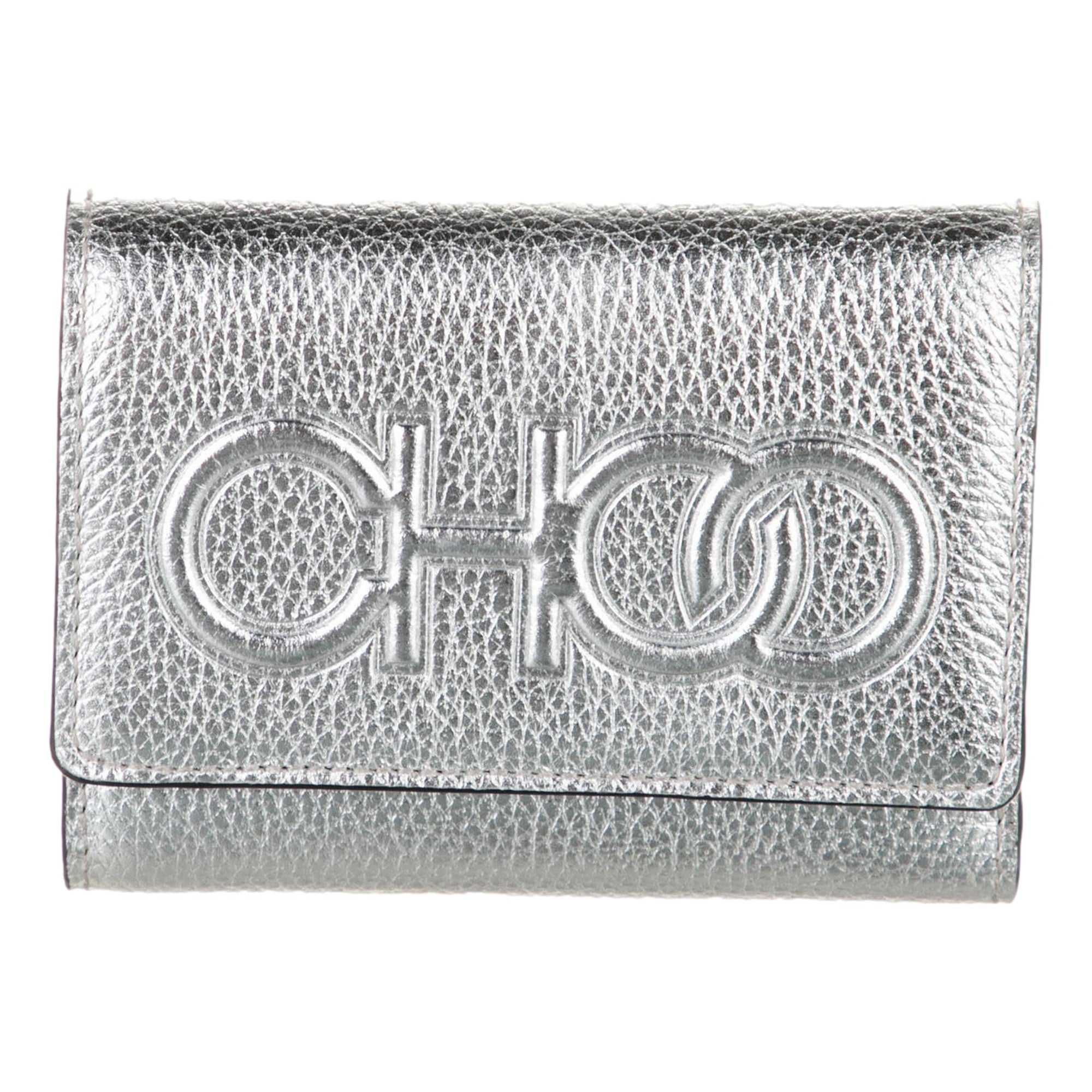 Jimmy Choo Loni Silver Leather Embossed Logo Tri-Fold Card Case Wallet
