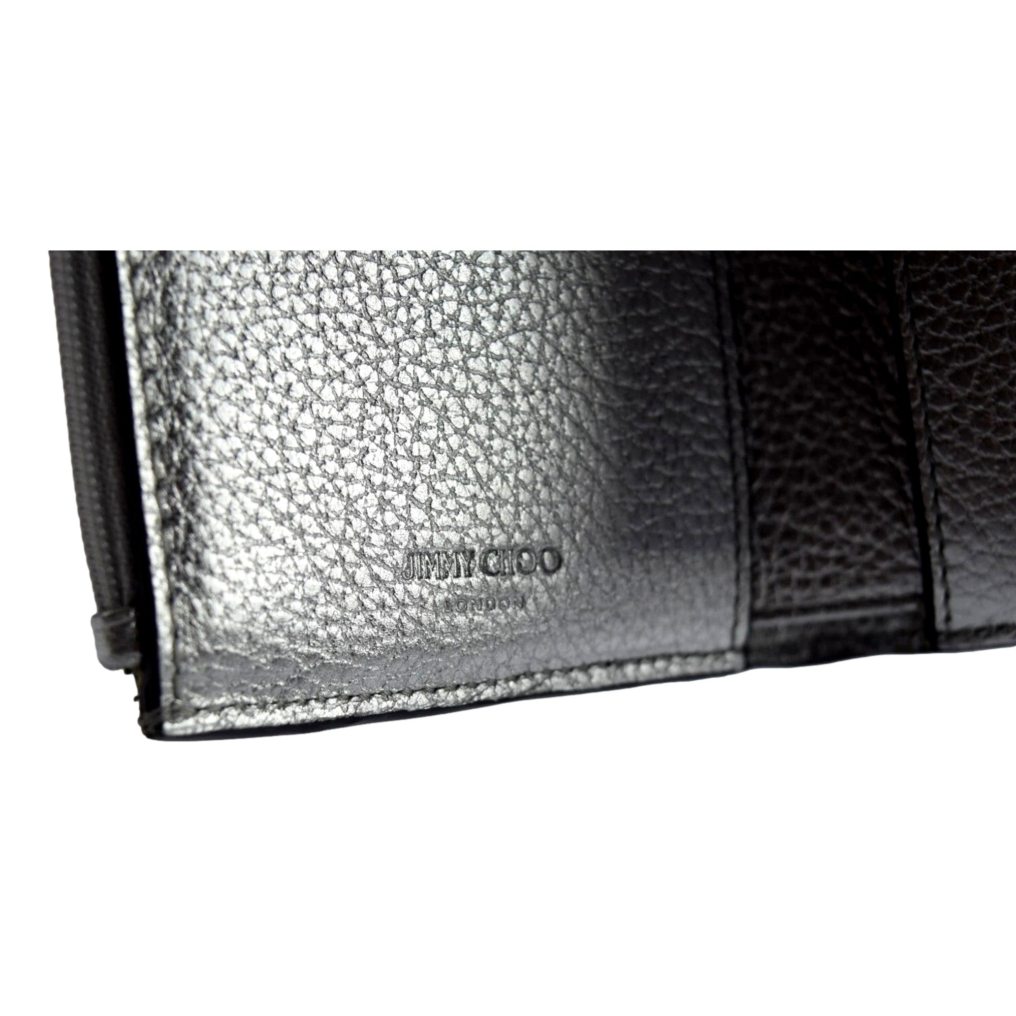 Jimmy Choo Loni Silver Leather Embossed Logo Tri-Fold Card Case Wallet