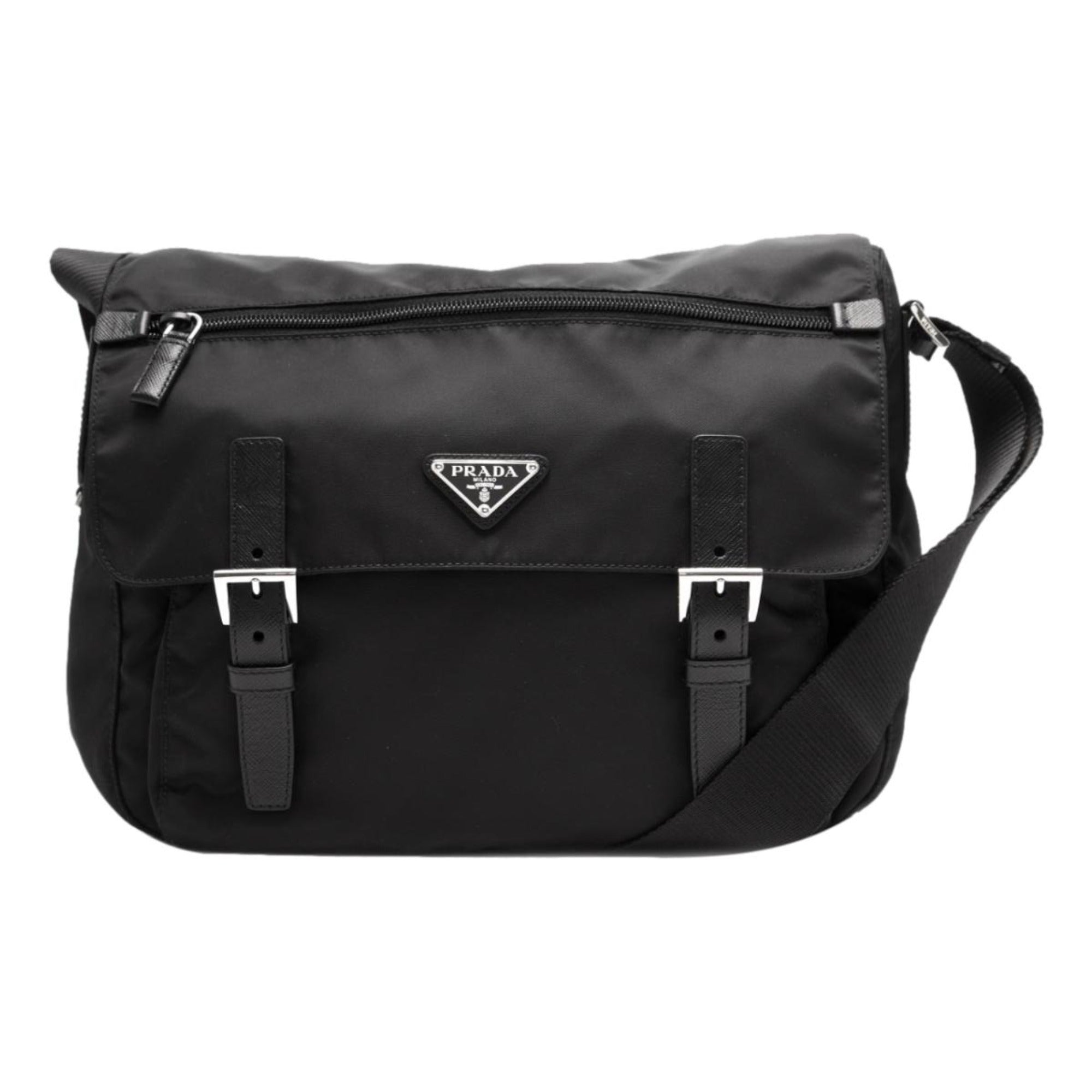 Prada Men's Black Nylon Triangle Logo Messenger Bag