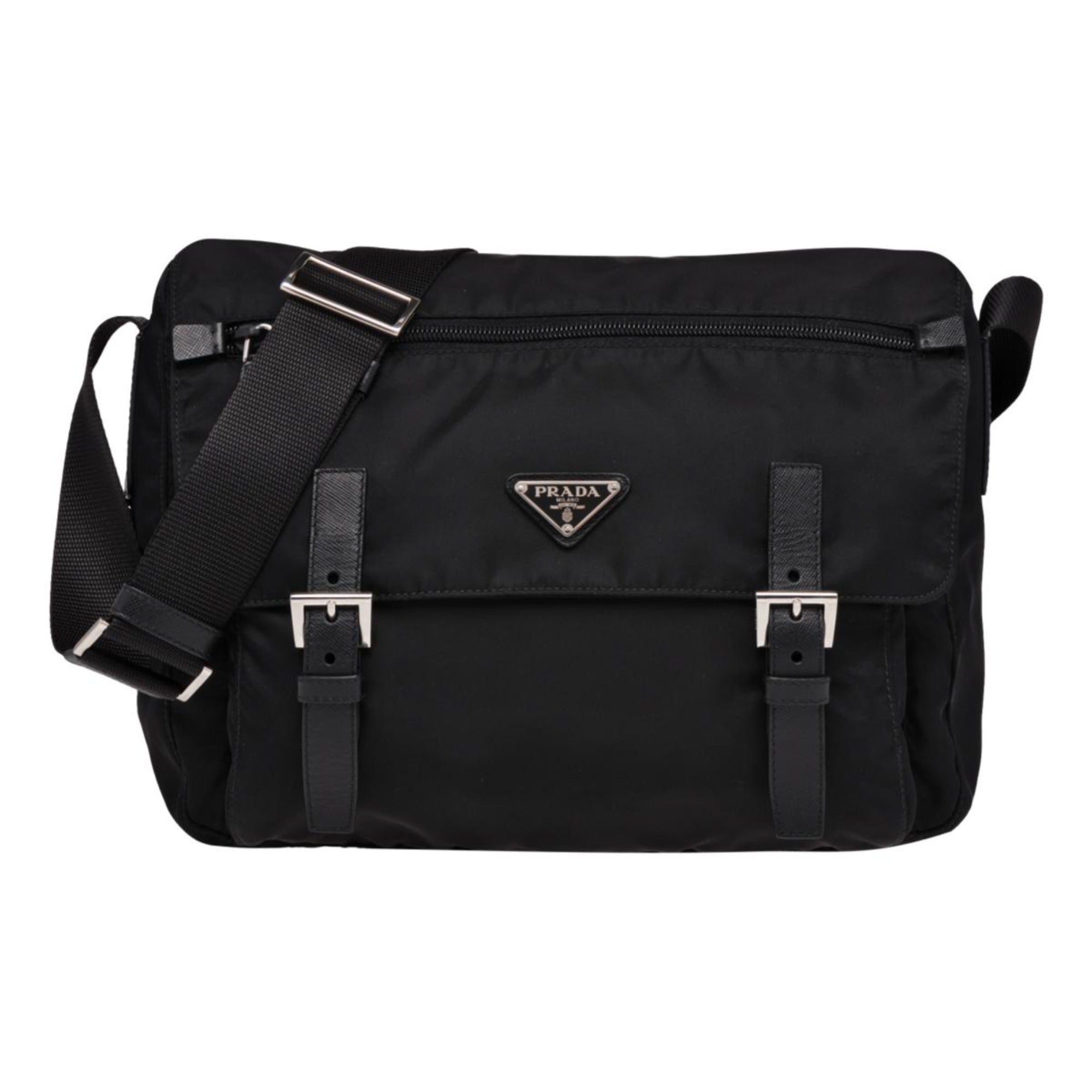 Prada Men's Black Nylon Triangle Logo Messenger Bag