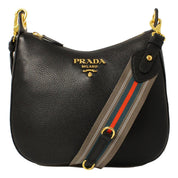 Prada Black Vitello Phenix Leather Web Stripe Strap Crossbody Bag