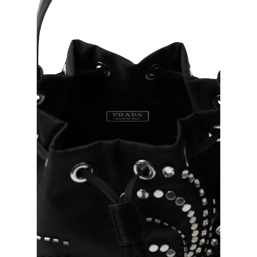 Prada Re-Nylon Black Beaded Embroidered Mini Drawstring Bucket Bag