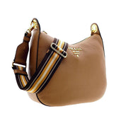 Prada Vitello Phenix Caramel Brown Leather Web Stripe Crossbody Bag