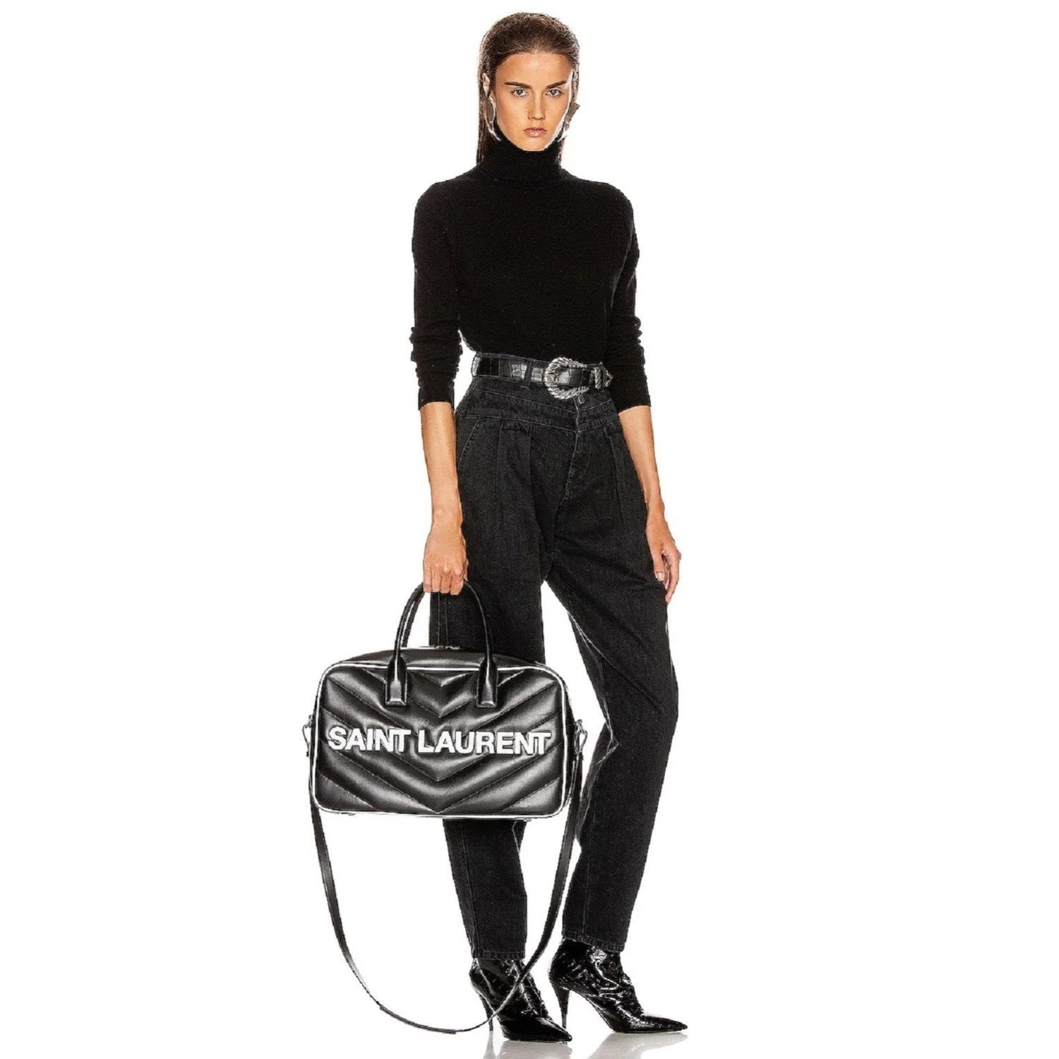 Saint Laurent Miles Logo Black Calf Leather Bowling Duffel Bag