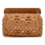 Valentino Garavani Roman Stud Large Shoulder Bag Brown Knit Cashmere