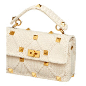Valentino Garavani Roman Stud Large Shoulder Bag Ivory Knit Cashmere