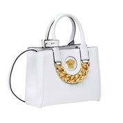 Versace La Medusa Gold Plaque White Leather Small Crossbody Tote Bag