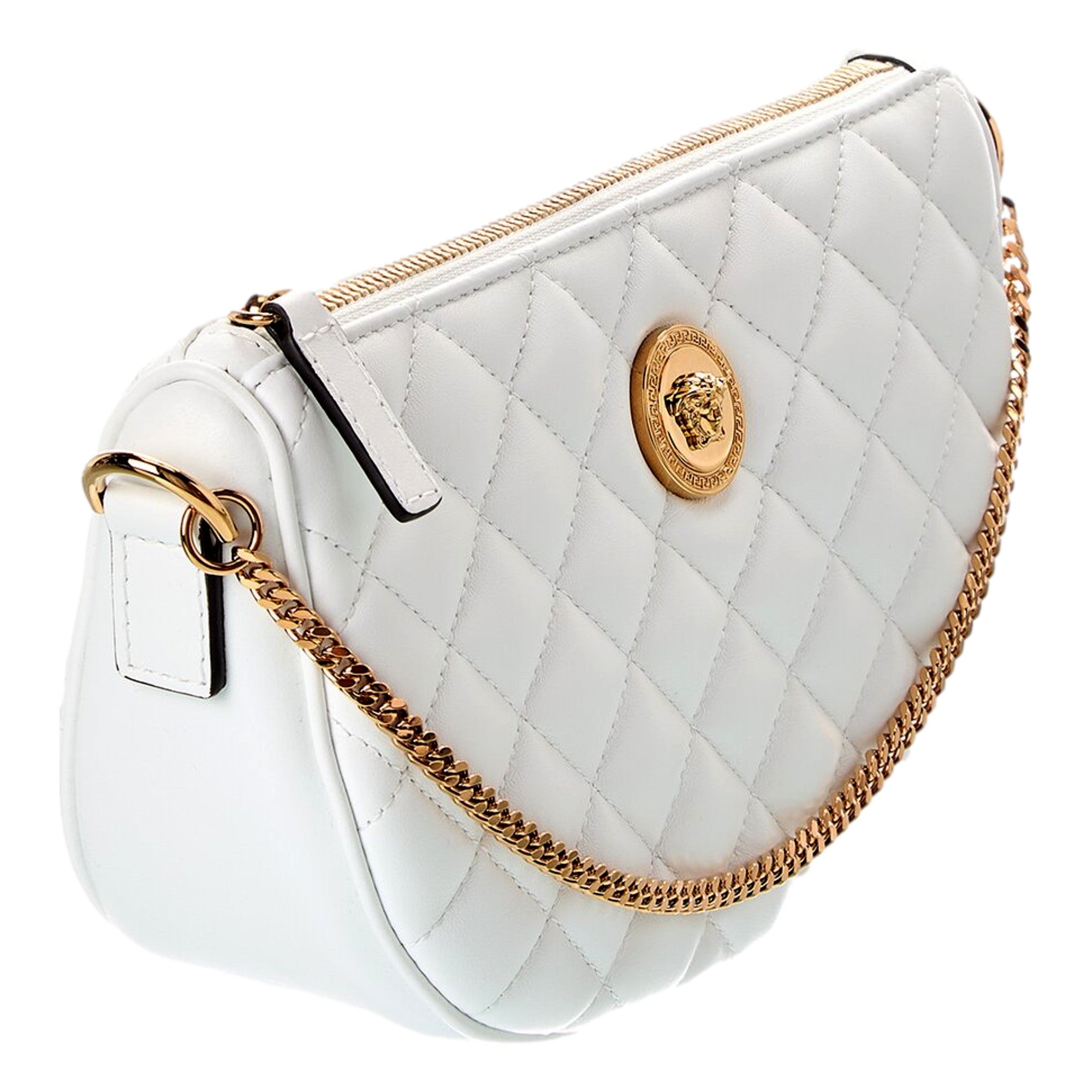 Versace La Medusa Half Moon Quilted Nappa Leather White Crossbody Bag