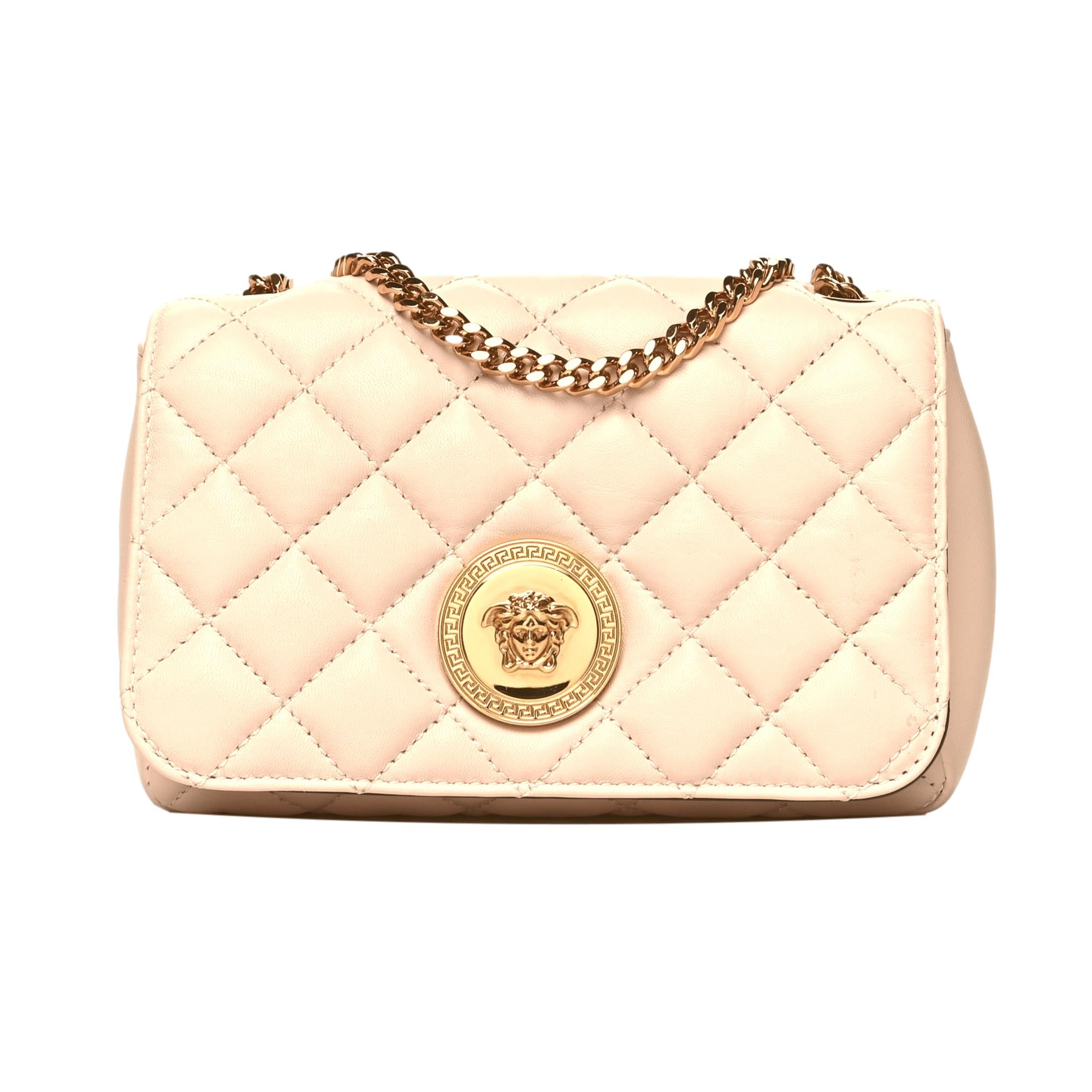 Versace La Medusa Nappa Quilted Beige Leather Chain Small Crossbody Bag