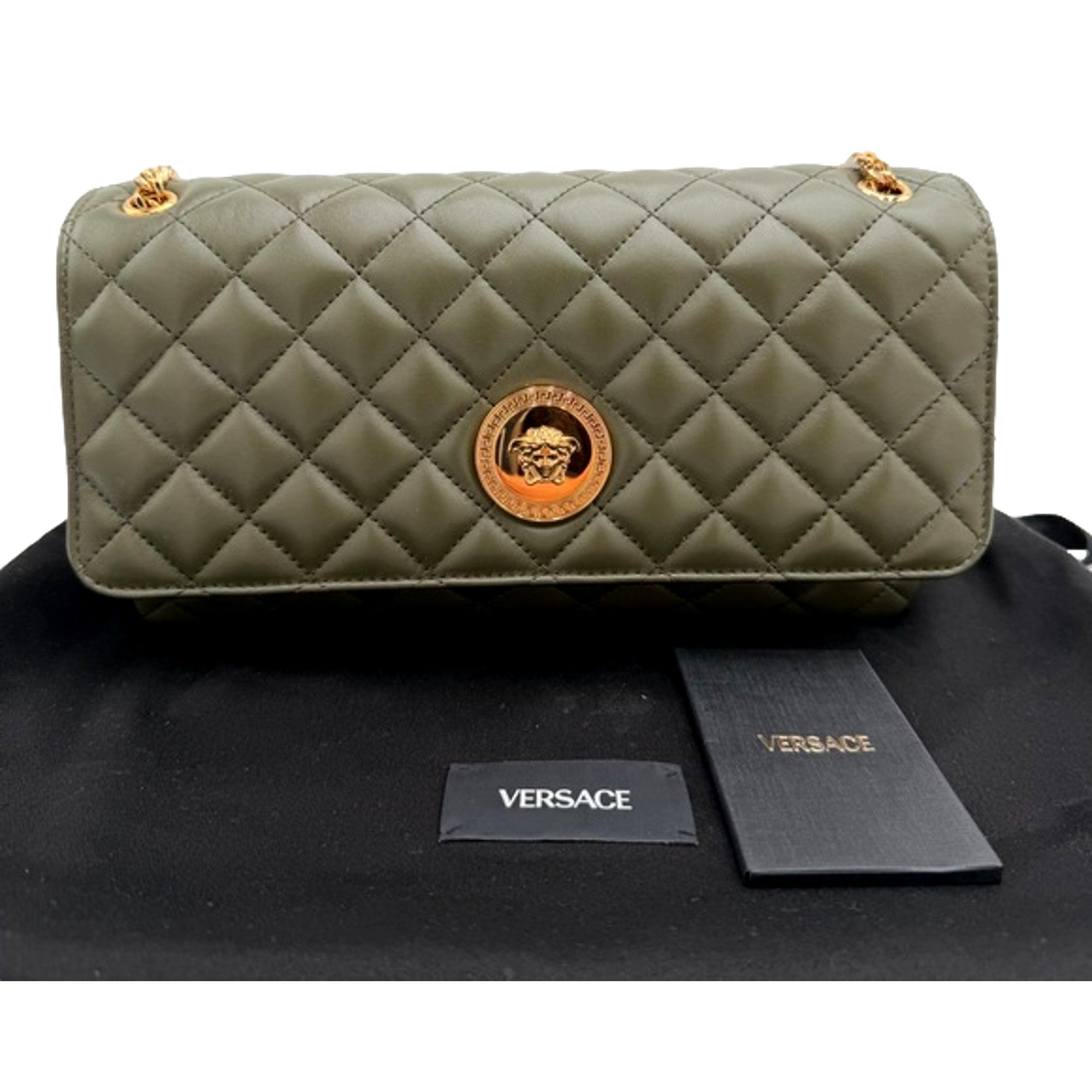 Versace La Medusa Olive Green Quilted Lambskin Chain Strap Crossbody Bag